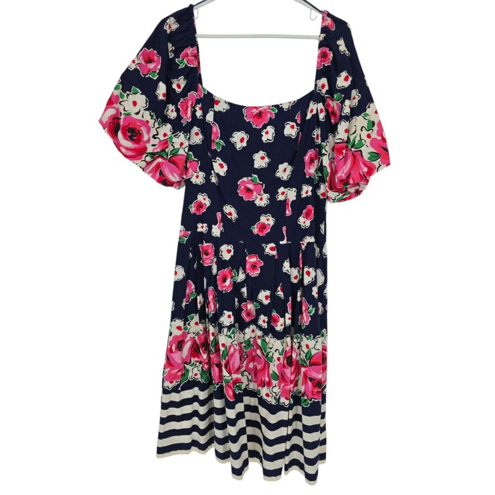 Vintage David Mitchell Size 11/12 Midi Dress Blue Floral Puff Sleeve Fit Flare